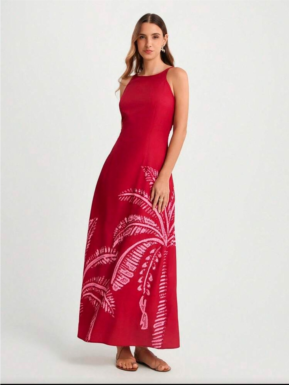 Red Sleeveless Maxi Dress with Pink Palm Print - Picture 5 of 9